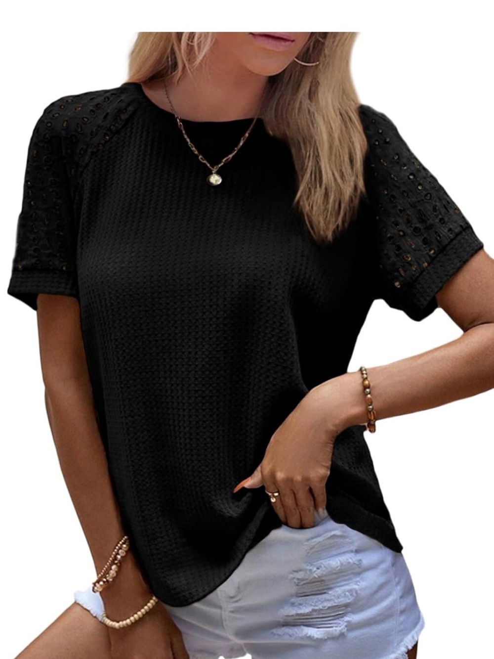 Black Women's Short-Sleeve Eyelet Knit Top
